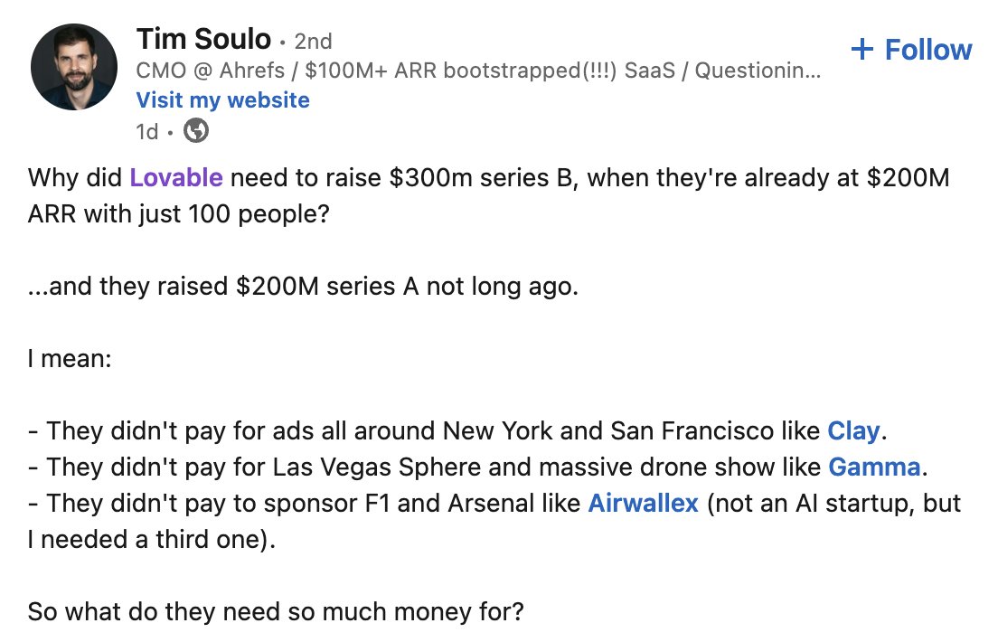 Raghav_ms's tweet photo. Came across this very interesting post on LinkedIn.

So the biggest cost driver is AI models? 

So Lovable raised to pay for the models who are burning money to pay for the compute?

When and how these AI companies can make money? https://t.co/59kE2l8nHk