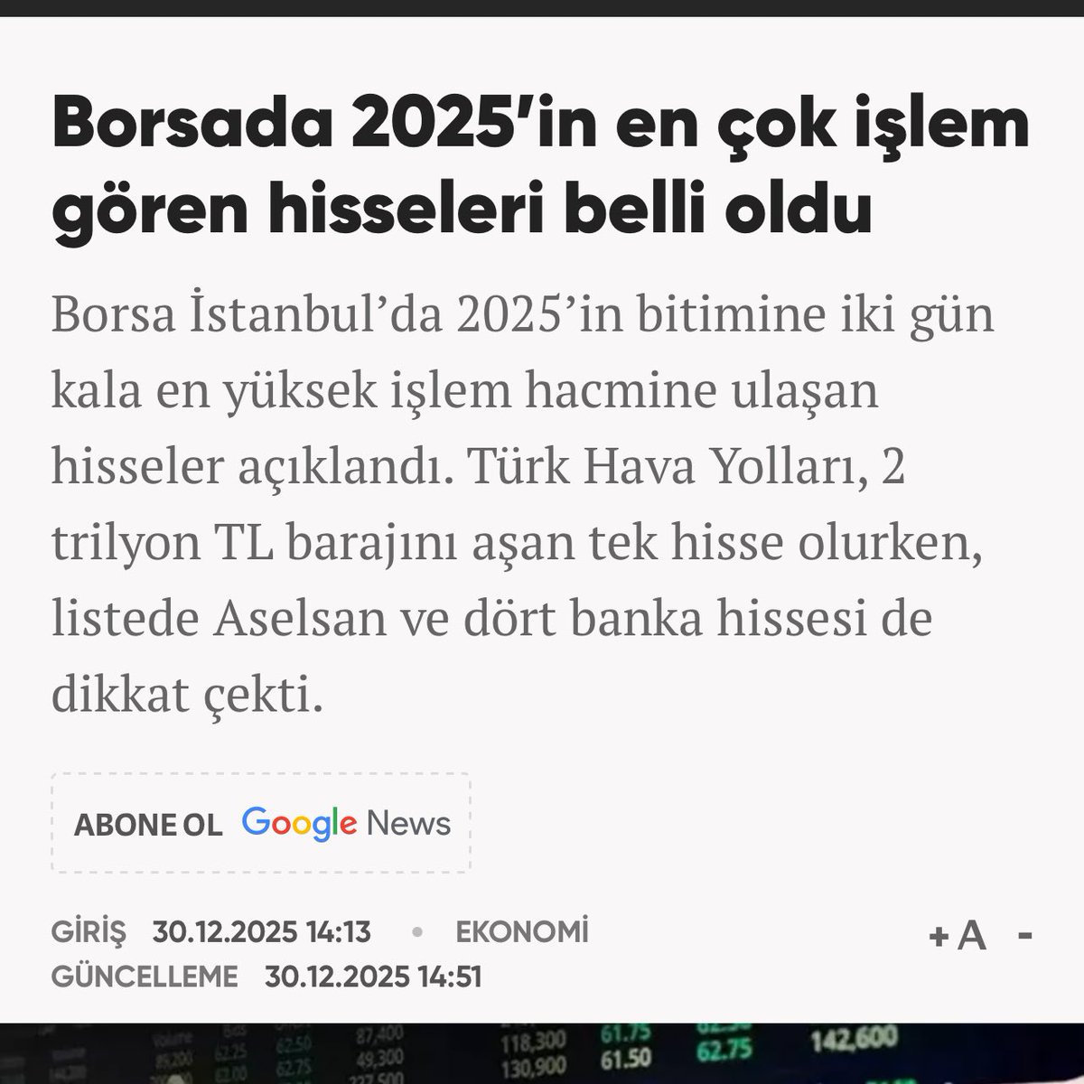 🟢#SONDAKİKA 🟢 
👉 #Borsa da #2025’in en çok işlem gören hisseleri belli oldu. #THYAO #TUPRS #ASELS #akbnk #ykbnk #garan #ENJSA #AKSEN  #BIMAS #TOASO #FROTO #MAVI #AKSA #CIMSA #GLRMK #klkim #bist #endeks #dolar #altın #coin #btc #gram #gramaltın #dow #astor #fed #faiz #ons 👇