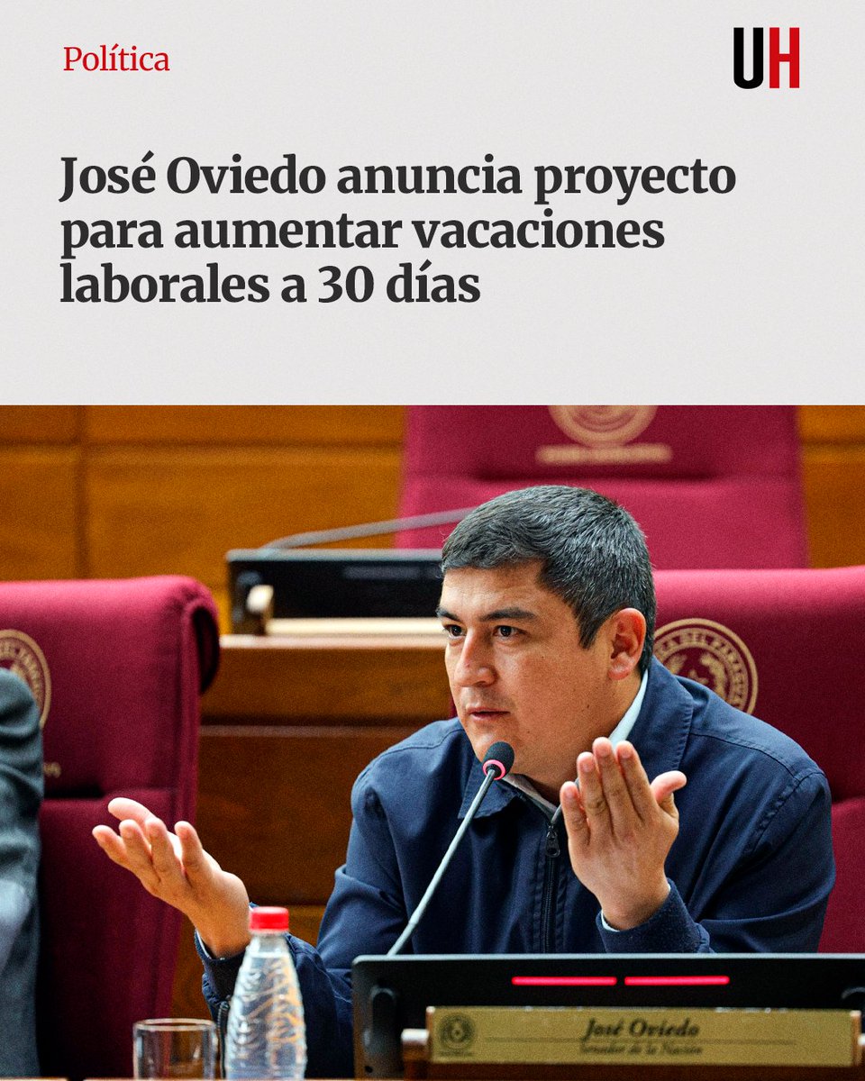UltimaHoracom's tweet image. El senador José Oviedo anunció que presentará un proyecto de ley que propone aumentar las vacaciones laborales del sector privado a 30 días. Actualmente, el tiempo de descanso anual es de solo 12 días.

🔴 Nota completa en 👉 ultimahora.com/jose-oviedo-an…