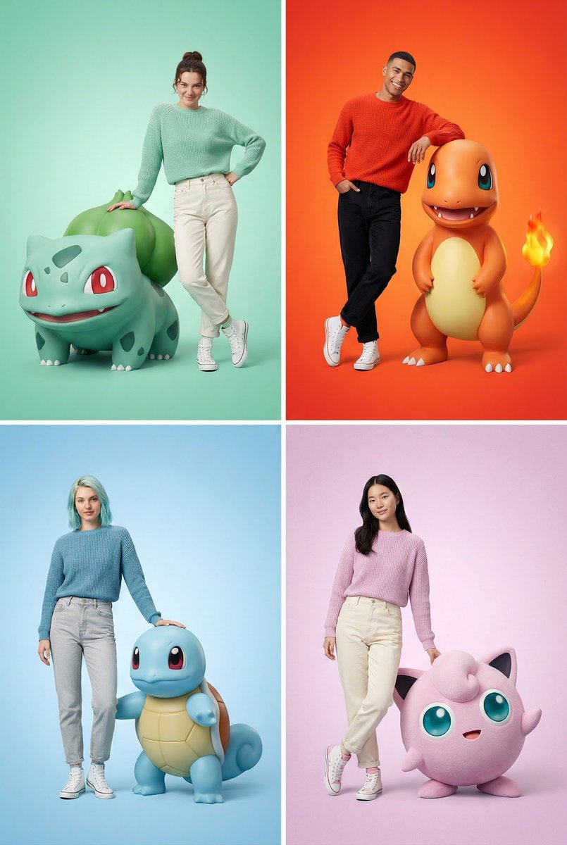 Pokémon series!

[   {     "image_generation": {       "quality": "hyper-realistic, premium studio fashion shoot, designer-toy finish",       "face": { "preserve_original": true },       "subject": {         "clothing": "mint-green knitted sweater, off-white high-waisted jeans,