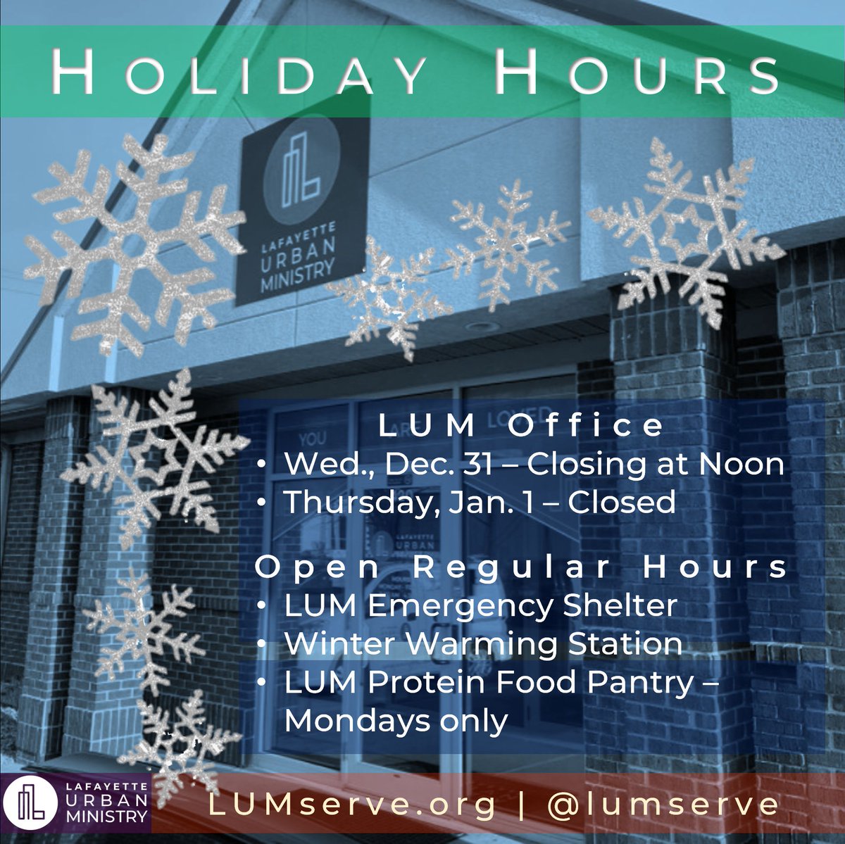 🎄 LUM Holiday Hours🎄Even when the office is closed, essential services remain open:
✨ Shelter &amp; Winter Warming Station: Open regular hours
✨ Food Pantry: Monday only
📌 Shelter intake: 6-6:30 AM at the shelter if the office is closed.
Learn more 👉 buff.ly/Kafn5EM