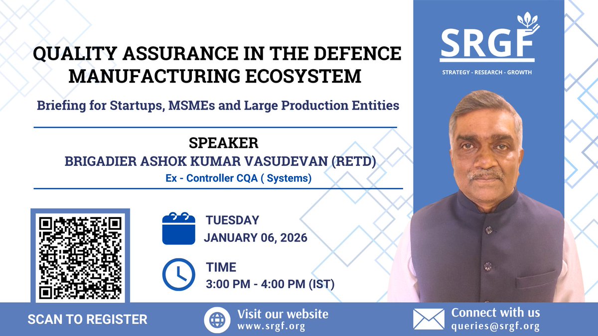 Join SRGF for an exclusive webinar with Brig. AK Vasudevan (Retd.), Ex-Controller, CQA (Systems), DGQA.

🔹 New QA Architecture 
🔹 Green Channel &amp; Self-Certification 
🔹 Emergency Procurement QA

📅 Jan 6, 2026 🕒 1500–1600 IST 

🔗 Register: forms.gle/MrJJUcAWRt66bu…
 #DGQA #SRGF