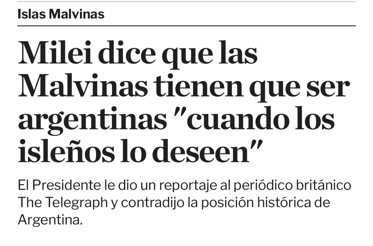 MartinPerezTDF's tweet image. Señor Presidente:

Las Malvinas no “tienen que ser argentinas cuando los isleños lo deseen”.

Las Malvinas SON argentinas, más allá de lo que decidan sus ocupantes ilegales.

Así está escrito en la Constitución y así es la política de Estado que usted daña una y otra vez con…