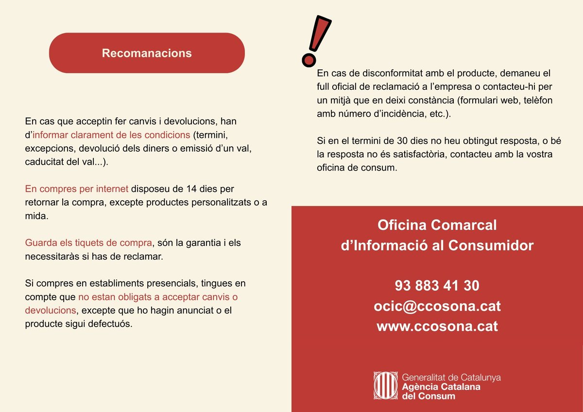 🛍️Sabíeu que els productes de rebaixes han de tenir la mateixa qualitat que tenien en preu no rebaixat?

L’Oficina Comarcal d’Informació al Consumidor t'ho explica perquè puguis fer una compra segura i responsable.

👉Contacta-hi al 93 883 41 30 o a ocic@ccosona.cat.

#Osona