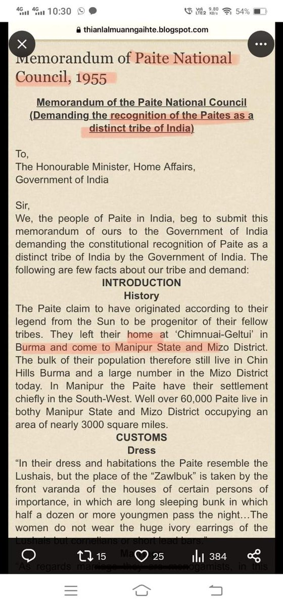 But dear Chongoulen, your parents in their memorandum to the Indian PM in 1955 said they are migrants from Myanmar. Is it your parents or you who is lying?
thianlalmuanngaihte.blogspot.com/2010/08/memora… 

Dear <a href="/IndiaTodayNE/">India Today NE</a> do fact check before publishing
 x.com/i/status/18915…