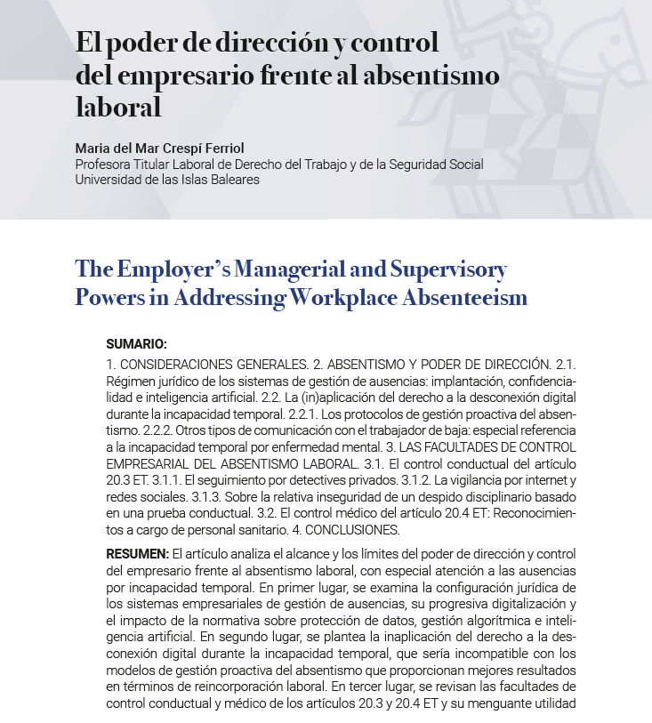 MmarCrespi's tweet photo. 📢Acaba de publicarse mi artículo sobre el poder empresarial de dirección y control frente al absentismo laboral en la revista Trabajo y Empresa en el marco de un completísimo monográfico. 
Es gratis y de acceso abierto: https://t.co/JIaP25fnfG https://t.co/3Aeu2uaLdN