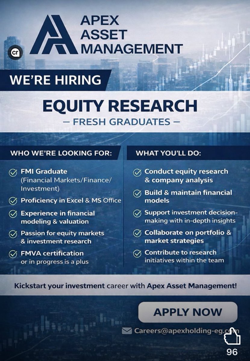 We’re Hiring: Equity Research – Fresh Graduates
Apex Asset Management is looking for ambitious and motivated fresh graduates to join our Equity Research Team.
 If you’re passionate about financial markets and eager to start your career in asset management, we’d love to hear from