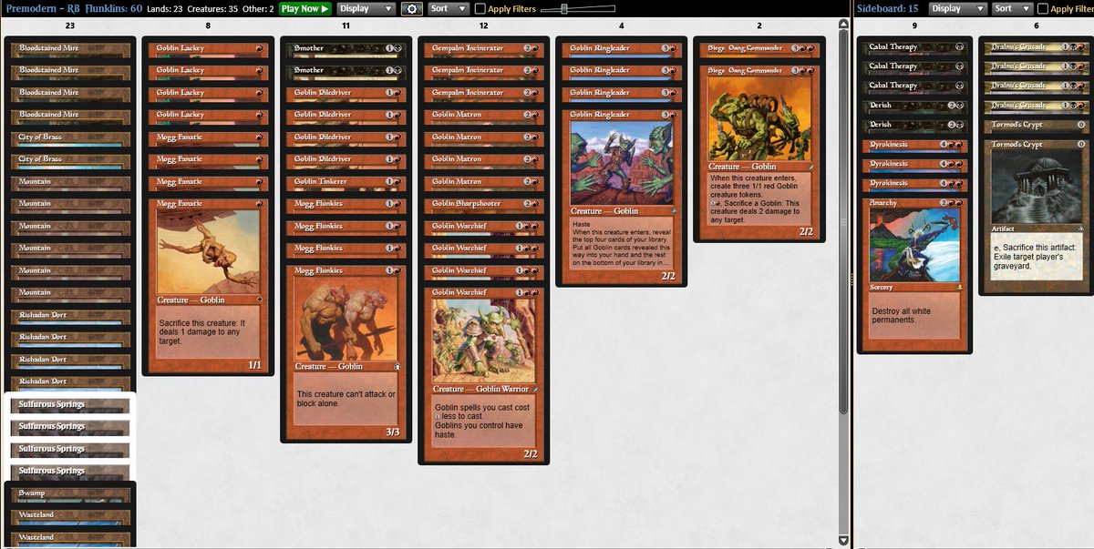 4-1 with RB Goblins, beating bad matchups like Iggy Pop and Stasis (thank you Therapy!) and losing to... the mono-red Goblins mirror!

Being able to play a Premodern league has been awesome, please keep Premodern forever <a href="/MagicOnline/">Magic Online</a> 

PS: Play Flunkies.
