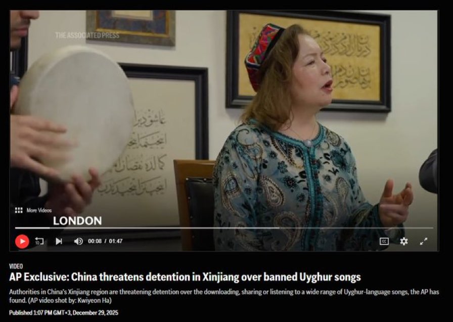 Associated Press:

AP Özel: Çin, yasaklanan Uygur şarkıları nedeniyle Uygur bölgesinde gözaltı tehdidinde bulunuyor 🎵

🔹 Çin’in Uygur bölgesindeki yetkililer, çok sayıda Uygurca şarkının indirilmesi, paylaşılması veya dinlenmesi nedeniyle gözaltı tehdidi uyguluyor.

🔹
