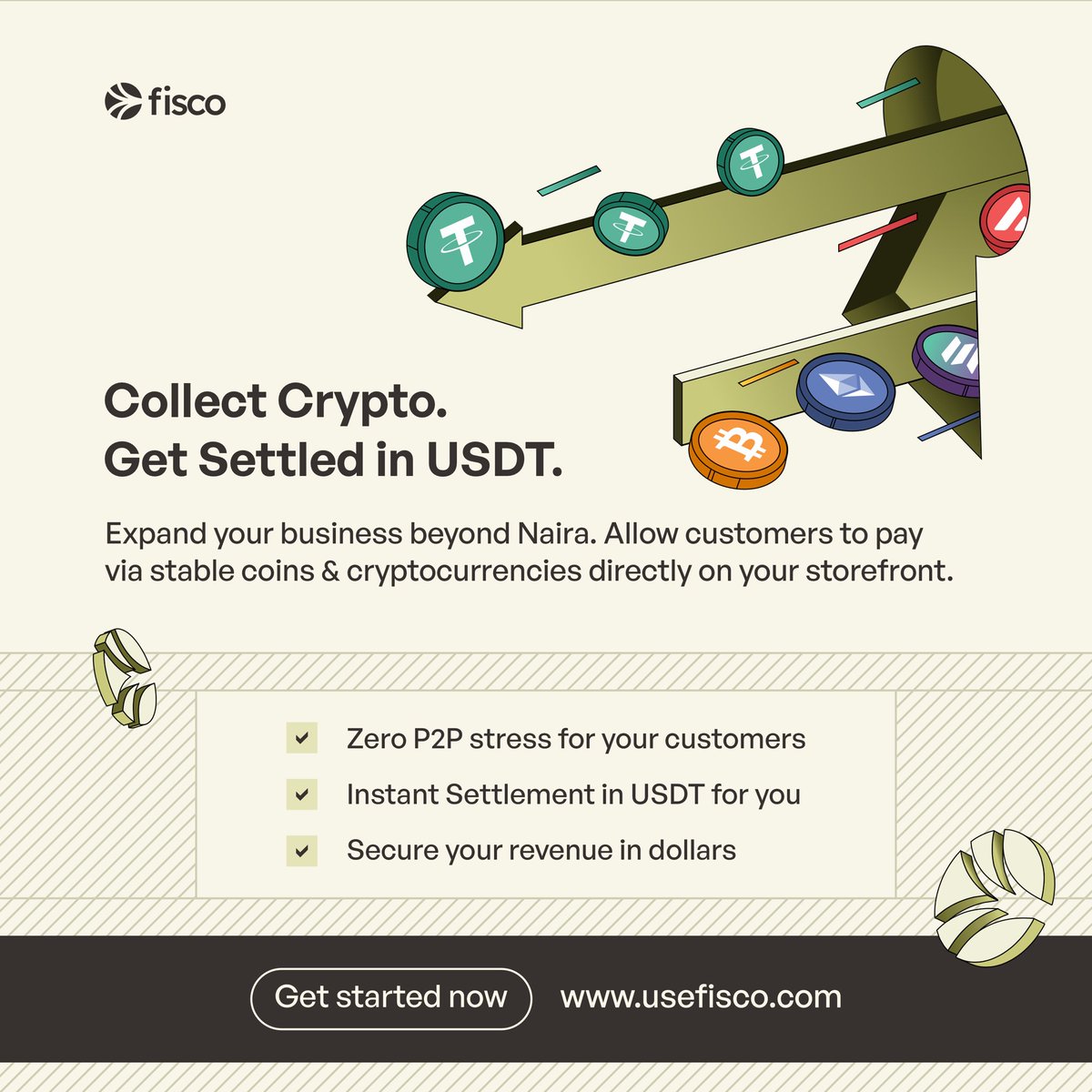 The future of commerce is global, and your business should be too.
With Fisco, your customers can pay you directly in crypto while you get instant settlement in USDT on your storefront. No P2P stress, no rate worries, no manual confirmations.