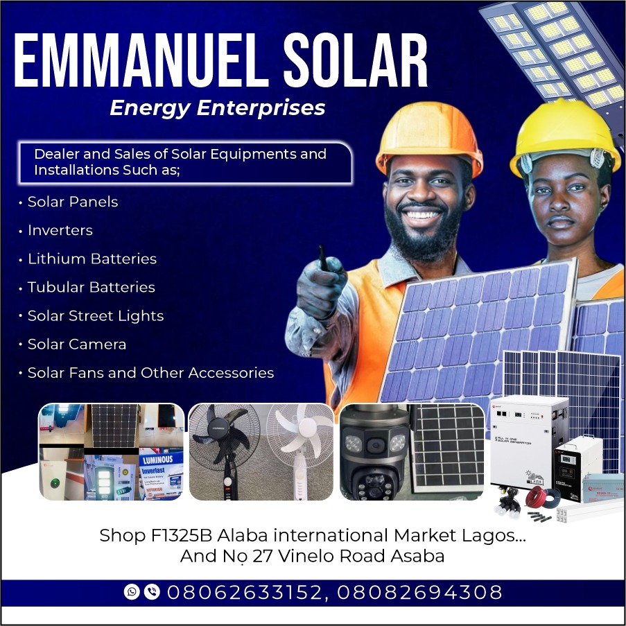 Deothesis's tweet photo. Go Solar and Let The Sun Pay your Bills
We deal and Sell;
Solar panels 
Lithium Batteries
Tubular Batteries
Felicity inverter
Solar Street Lights
Solar Pump
Solar Generator
Solar Fans
Solar Camera
Call or Whatsapp 08062633152 or 08082694308
Alaba International Market Lagos/ Asaba https://t.co/Rf3Aru8vCC