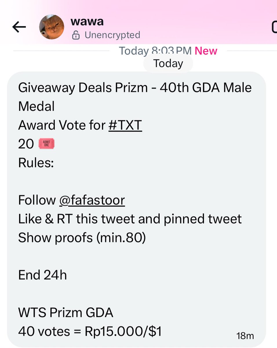 Giveaway Deals Prizm - 40th GDA Male Medal
Award Vote for #TXT
20 🎟️
Rules:

Follow <a href="/fafastoor/">wawa</a> 
Like &amp; RT this tweet and pinned tweet
Show proofs (min.80)

End 24h

WTS Prizm GDA
40 votes = Rp15.000/$1