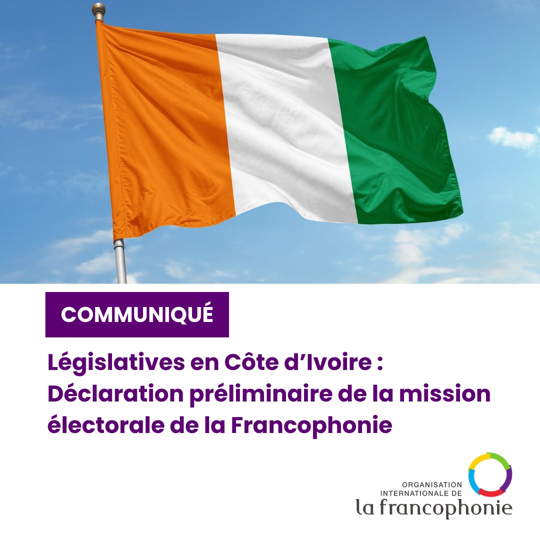 À l’invitation des autorités de la République de Côte d’Ivoire, la Secrétaire générale de la #Francophonie a déployé une Mission électorale de la Francophonie (MEF) à l’occasion des élections législatives du 27 décembre 2025 dans cet État membre.

Conduite par Ousmane Paye,
