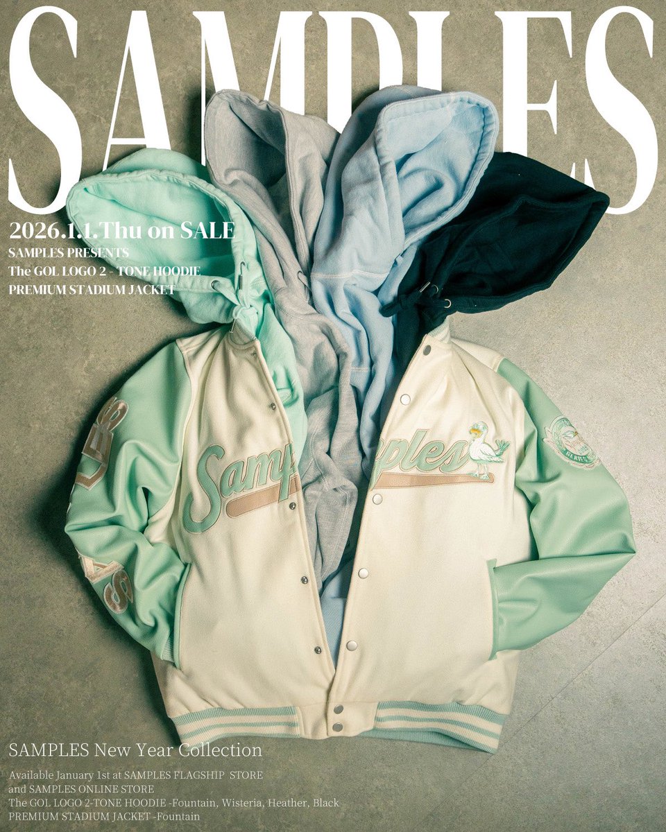shu_funky's tweet image. 2026年の幕開けに相応しいSAMPLESの初売りコレクション完成しました！
2年ぶりのスタジャンは色合いもクオリティも超一級。
正月恒例のフル刺繍のBOXロゴは今回はフーディー、最高級ボディを使用したプレミアム仕様、さらには刺繍の色がツートーンというニューテイスト。…