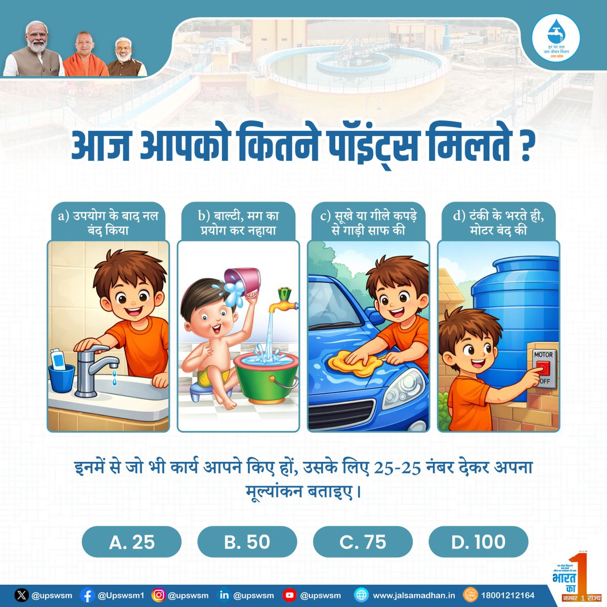 रोजमर्रा के कितने सारे काम हम पानी से ही करते हैं, पर क्या कभी हमने गौर किया है, कि किसी काम मे हम कितना अतिरिक्त पानी इस्तेमाल करते हैं। अगर नहीं तो आज गौर कीजयेगा ! आइये देखतें हैं कि इसके प्रति आप कितने जागरूक हैं ?अगर आप जागरूक हैं, तो जाहिर है आपको अच्छे अंक तो मिलेंगे ही तो