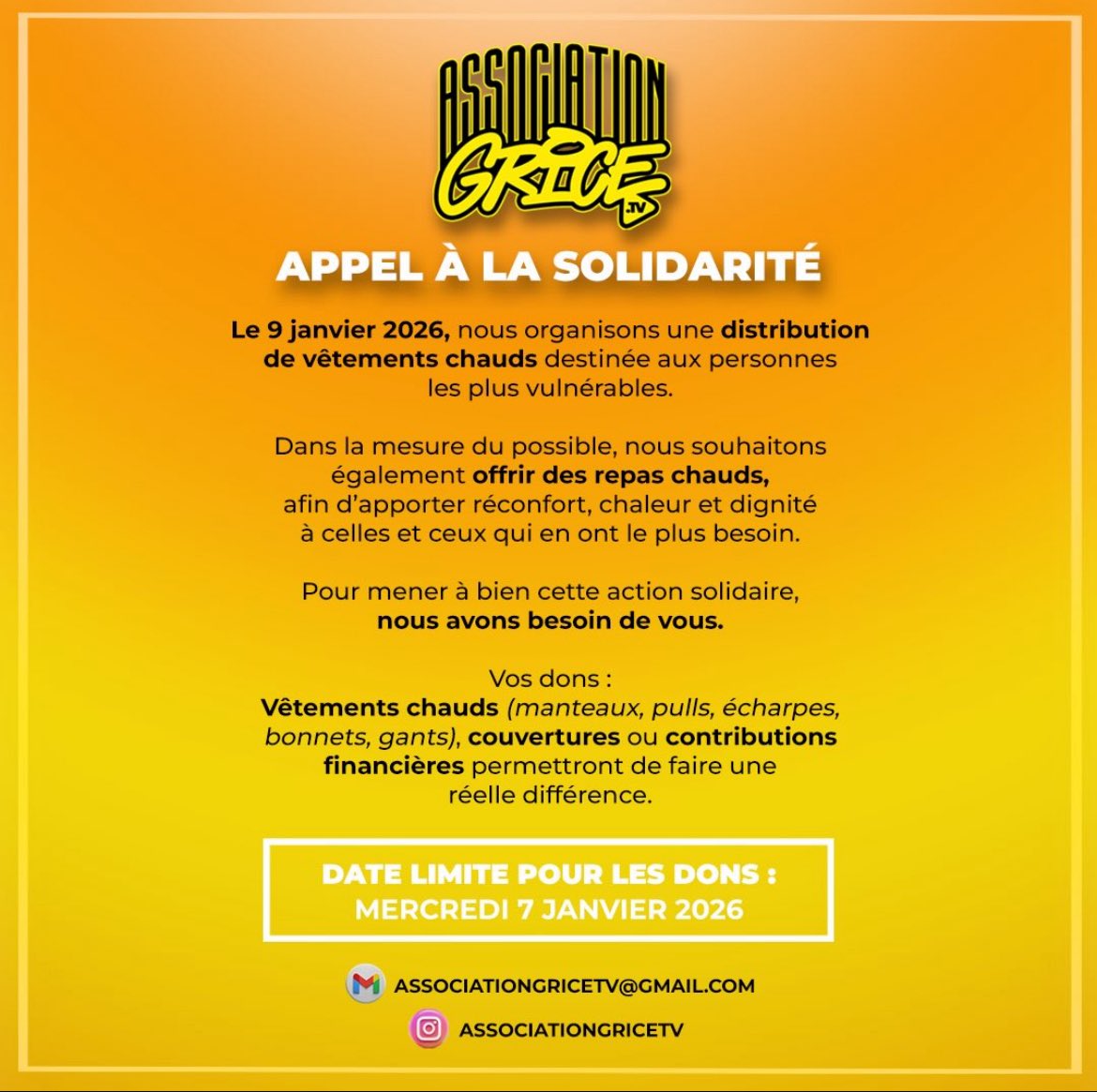 GriceTv's tweet image. APPEL À LA SOLIDARITÉ 🤝
Le 9 janvier nous organisons une distribution de vêtements chauds 🧥🧣 pour les personnes les plus vulnérables, avec si possible des repas chauds 🍲
Dons acceptés : manteaux, pulls, écharpes, bonnets, gants, couvertures 🧤🧦 ou contributions financières💶