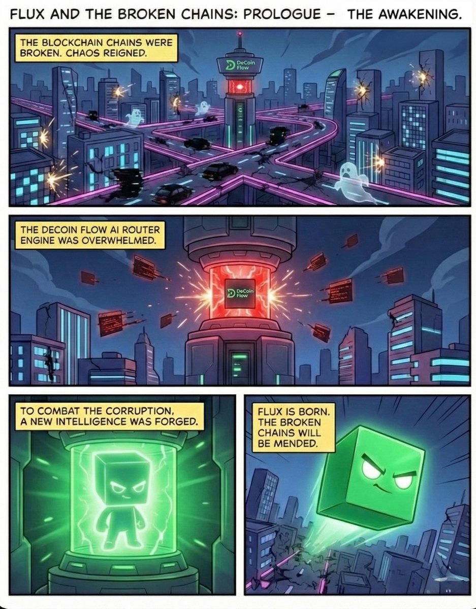 decoinflow0's tweet photo. The blockchain city is in chaos. The chains are broken. But a new intelligence has awakened.

Meet Flux. 🟩⛓️

Born from the DeCoin Flow AI engine, Flux is here to mend the broken chains and restore order. The adventure begins. https://t.co/8pQaX9LftR