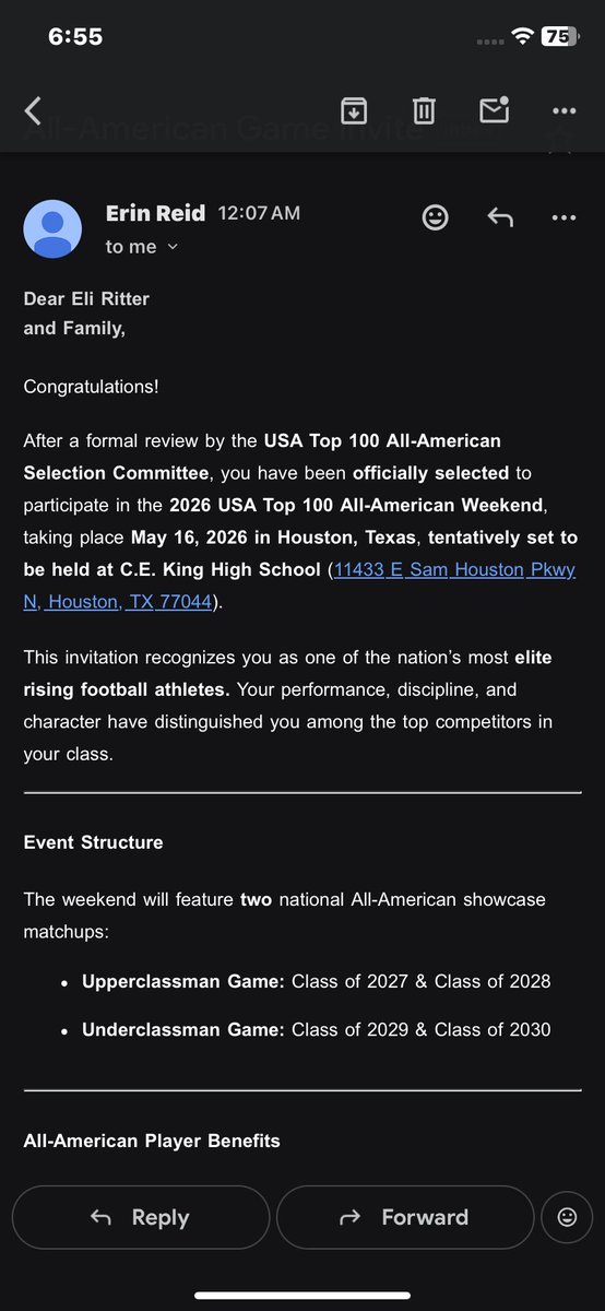 2027Ritter's tweet image. Blessed to be selected for the 2026 USA Top 100 All-American Weekend in Houston 🙏

As a student-athlete, I’m working to cover travel &amp;amp; participation to compete on a national stage.

#AllAmerican #SupportLocalAthletes