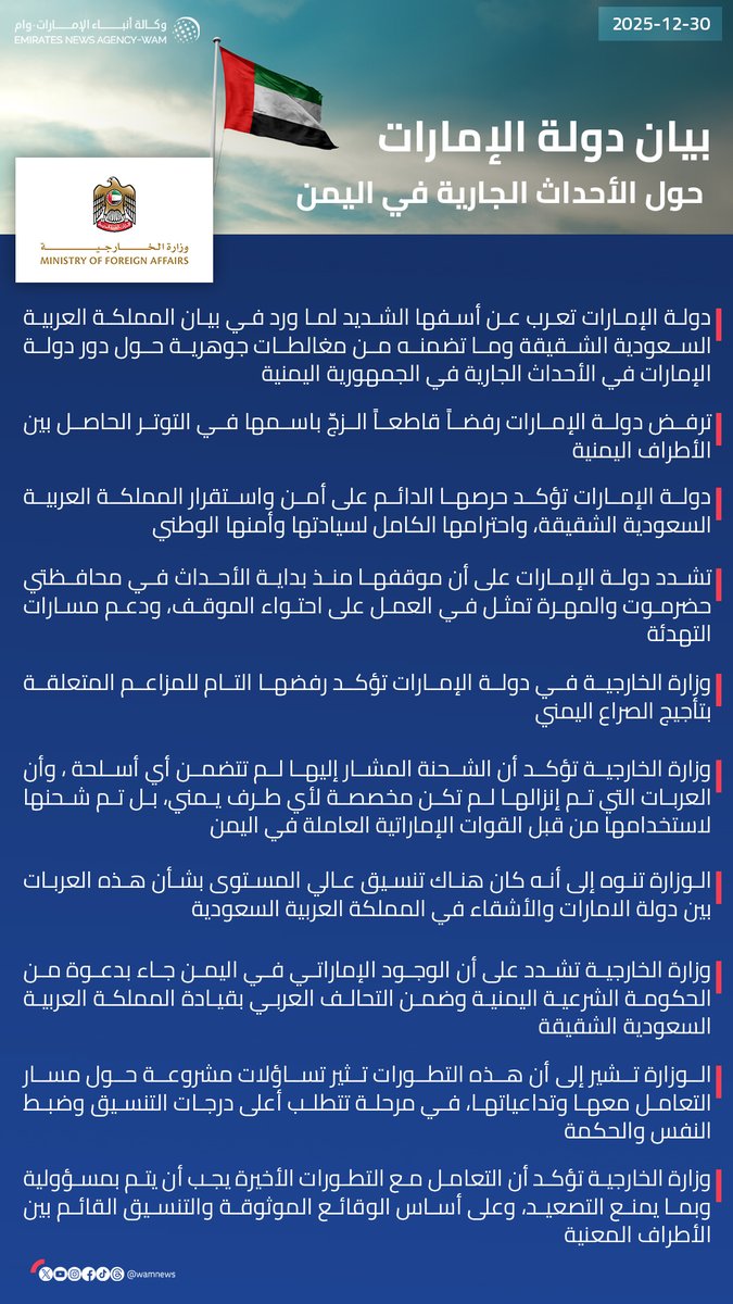 بيان دولة #الإمارات حول الأحداث الجارية في اليمن

#وام 

wam.ae/a/bnh2smn