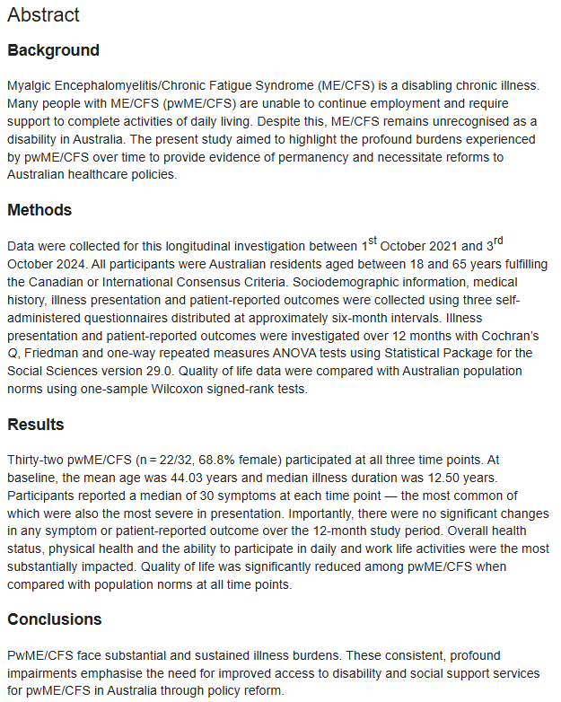 TomKindlon's tweet image. Sustained illness burden over time among Australians with ME/chronic fatigue syndrome

journals.plos.org/plosone/articl…

"These consistent, profound impairments emphasise the need for improved access to disability &amp;amp; social support services for pwME/CFS in Australia through policy reform"