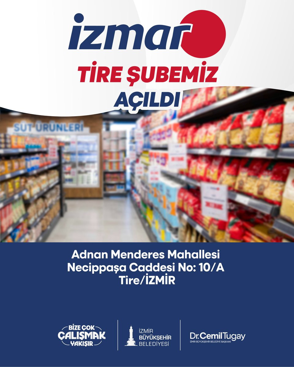 İZMAR’ın yeni şubesini Tire’de açtık. Uygun fiyatlı ve güvenilir alışverişe erişimi artırmak için İZMAR mağazalarımızı kentin farklı noktalarına yaymaya devam ediyoruz. 

Hane bütçesine destek olan bu imkânı daha çok İzmirliden yana büyütmeyi sürdürüyoruz.