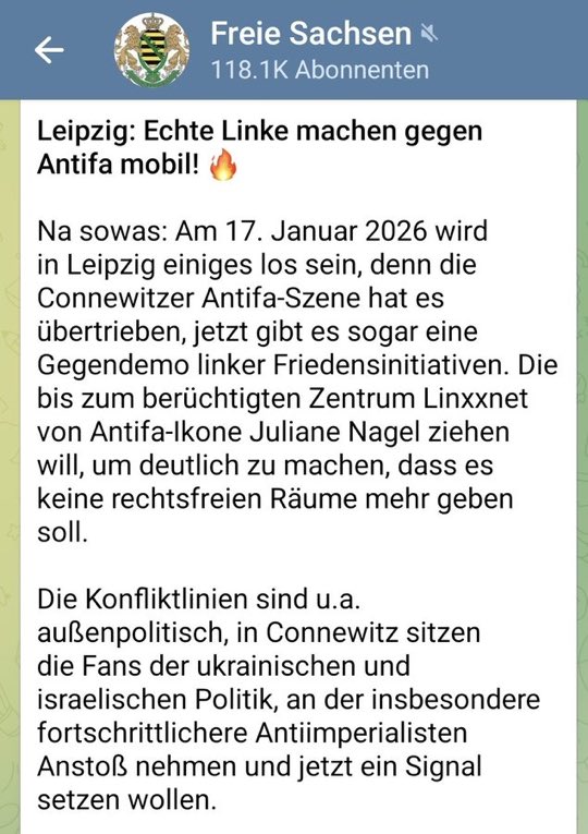 kerstinkoeditz's tweet image. Zehn Jahre nach dem Nazi-Überfall auf #Connewitz sieht die extreme Rechte, hier die Freien Sachsen, wieder die Gelegenheit, gegen ihre Hassobjekte vorgehen zu können. Sie bejubeln den Aufmarsch der Zombies der K-Gruppen und deren Vorfeld zu #le1701. Die Geister, die ich rief…