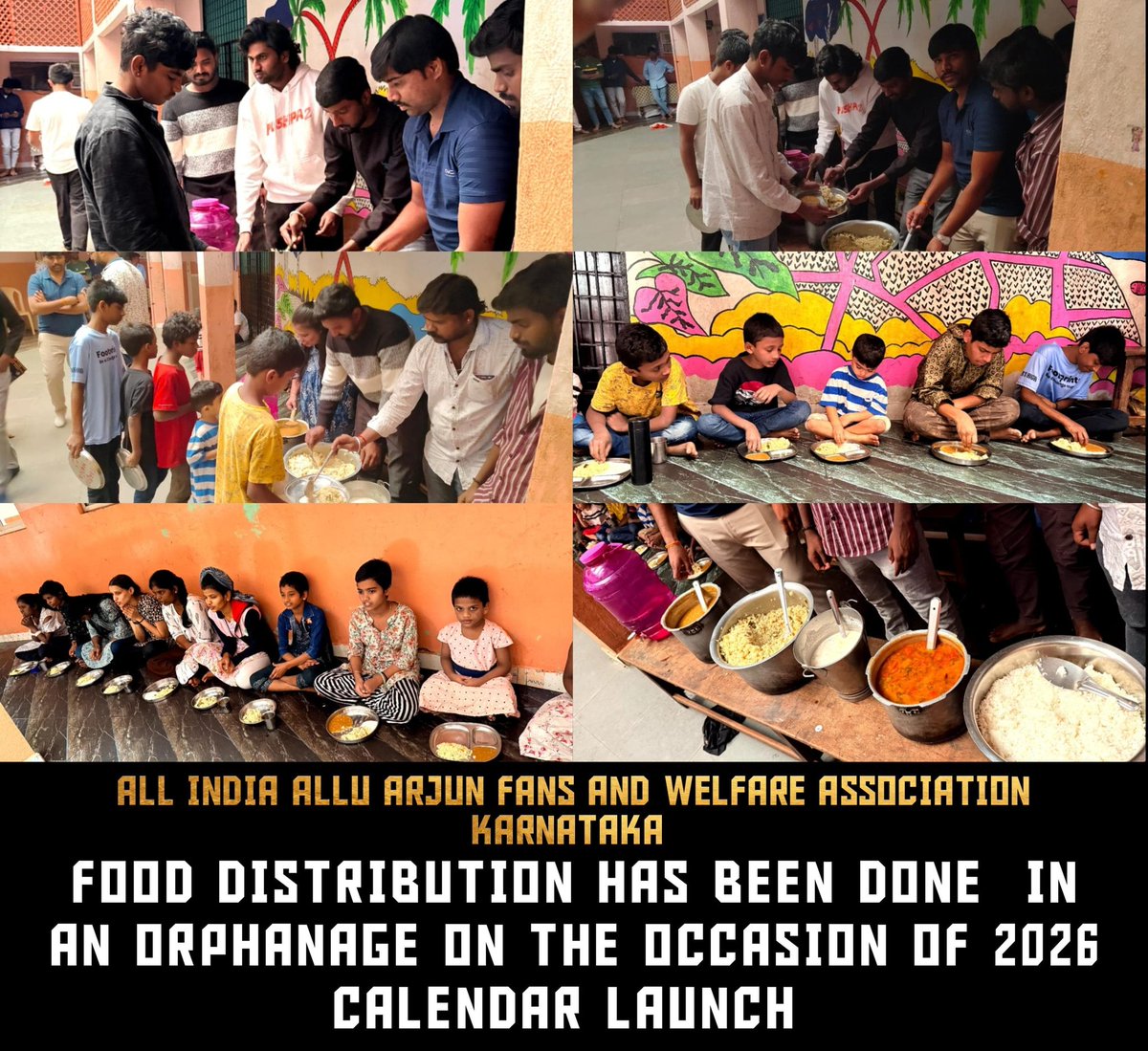 IamSunilArya's tweet photo. All India Allu Arjun Fans and Welfare Association – Karnataka launched the 2026 calendar at an orphanage, celebrating the moment by distributing food to the kids ❤️

@alluarjun @AIAAFAKarnataka @AAFAOnline https://t.co/oWD4MwlpZV
