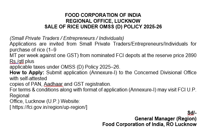 Sale of Rice under Open Market Sale Scheme (D)

#foodsecurity #rice #government
<a href="/fooddeptgoi/">Department of Food & Public Distribution</a> <a href="/FCI_India/">Food Corporation of India</a> <a href="/JoshiPralhad/">Pralhad Joshi</a>
