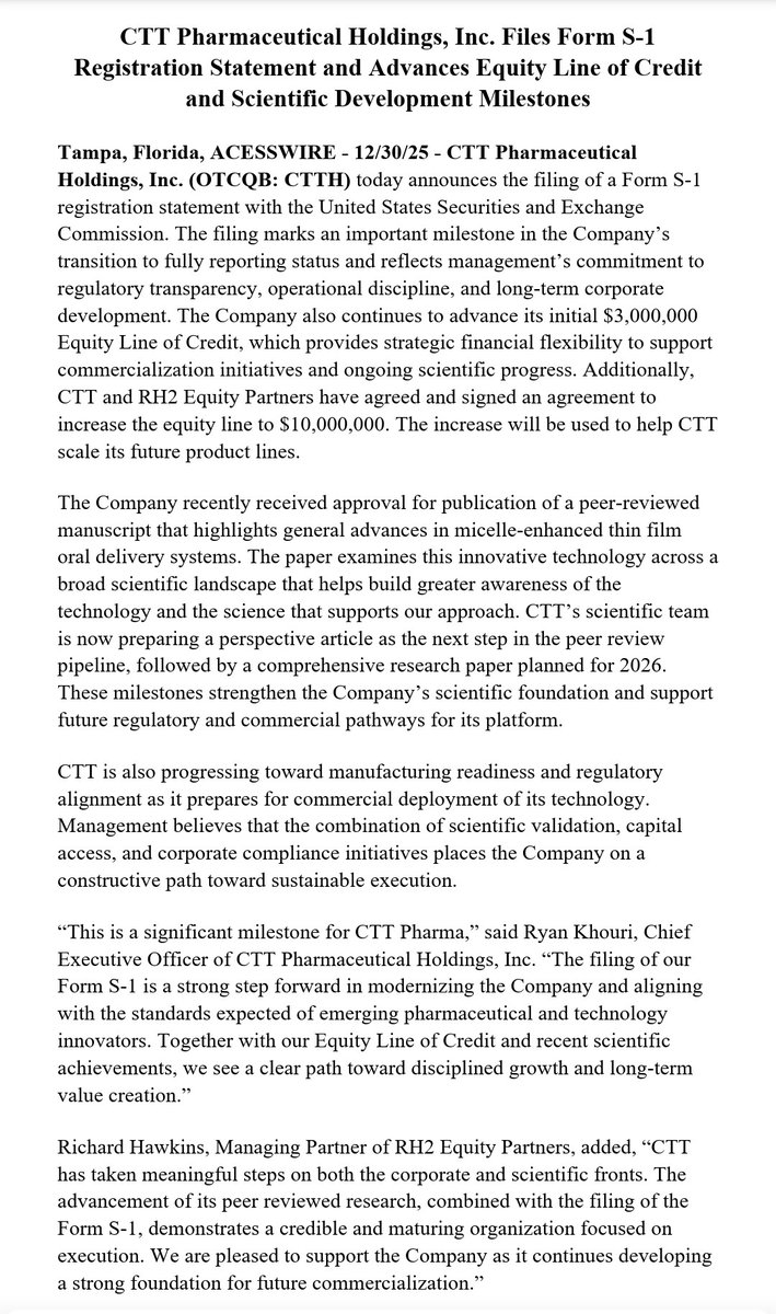 CTT_Pharma's tweet photo. CTT Pharma issues news release for a $10 million Equity Line of Credit and S-1 filing for the SEC. https://t.co/Q294cloUGJ