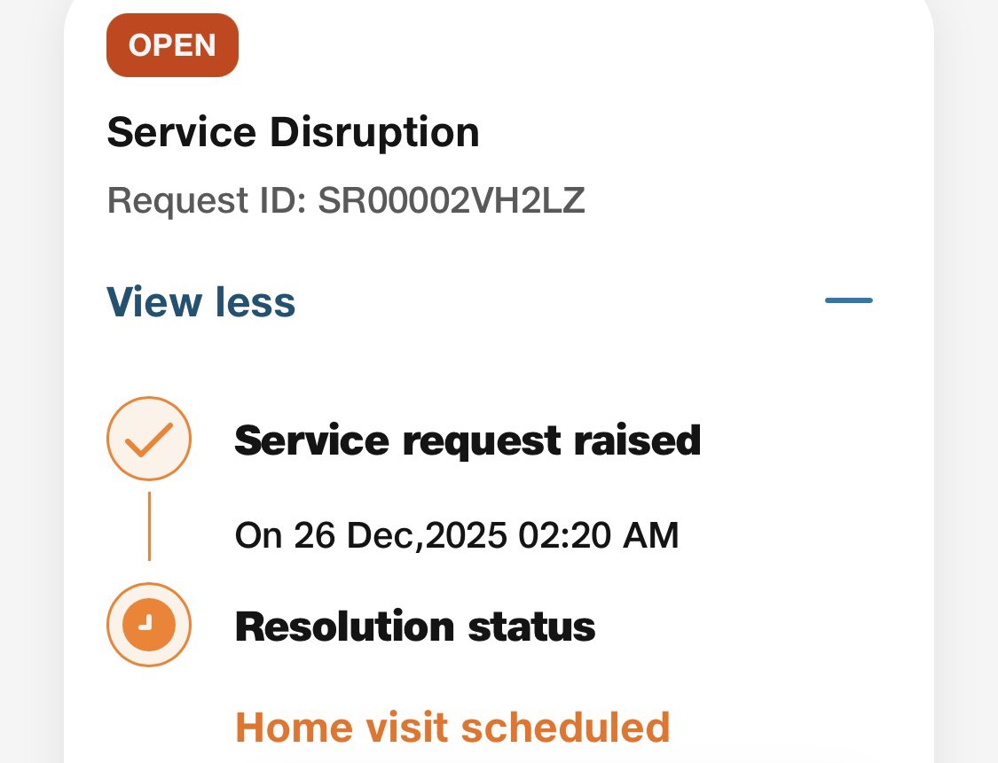jari_maher's tweet photo. @reliancejio @JioCare 
My JioFiber has been down for the last 6 days. I have already raised a complaint, but no engineer has visited yet.
This is causing serious disruption.

Tracking / Service Request No: [your tracking number]

Please resolve this issue urgently.

#JioFiber https://t.co/mB7UxaUPLo