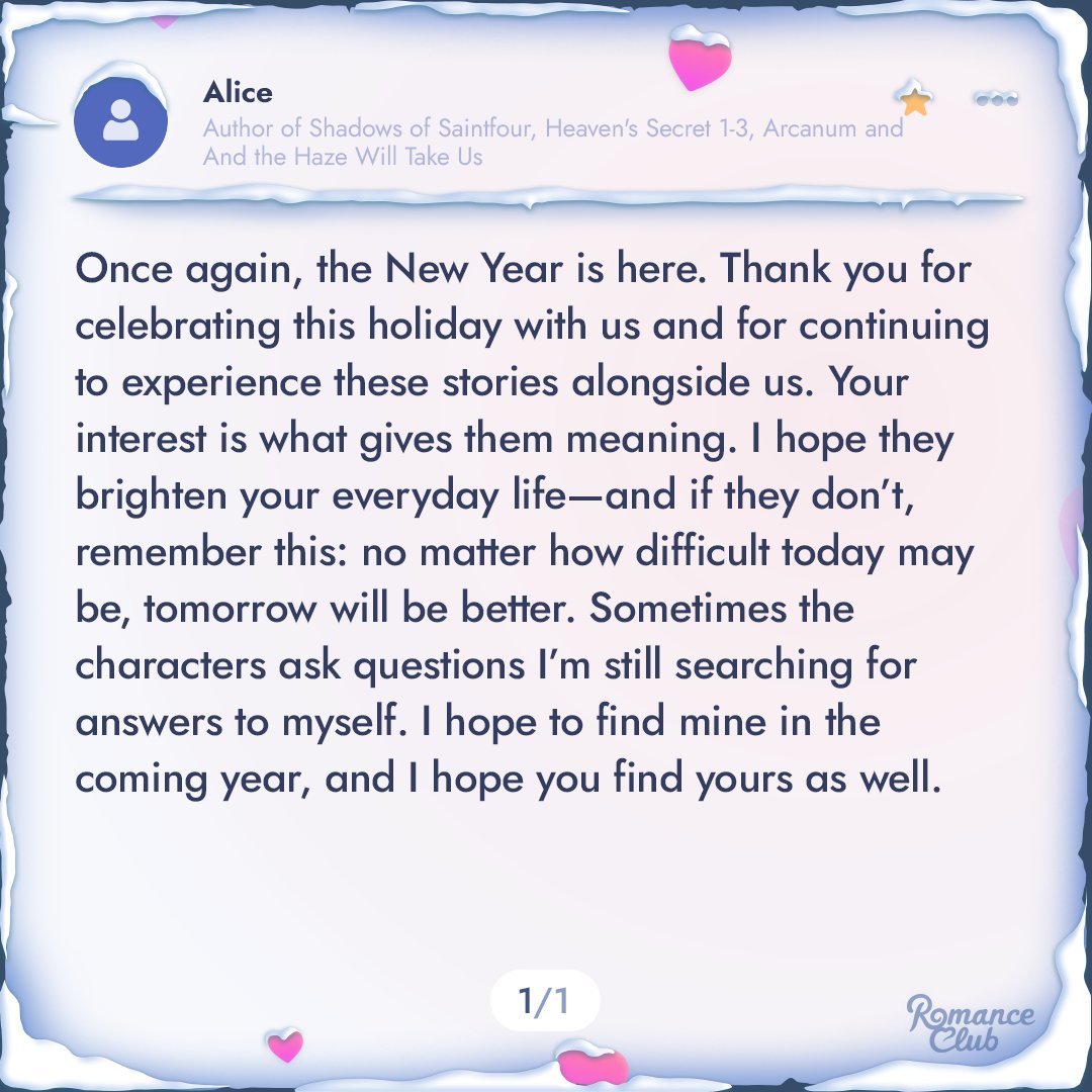 ysiromanceclub's tweet image. 🎄 With this post, we're wrapping up our series of holiday messages from our writers.
 
Thank you for sharing this festive mood with us! May the warmth of these words stay with you a little longer — through the holidays and afterwards. 🤍

#adventcalendar #romanceclub