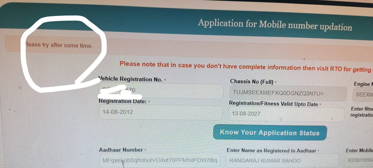 rangarajbabu's tweet photo. @STAOdisha @CTOdisha @DCP_TRAFFIC @AMITABHTHAKUR21 @drpatra @rto_cuttack @rto_bbsr2 @IPR_Odisha @cpbbsrctc @odisha_police @RTOGanjam Always showing "Please try after some time" https://t.co/1DNazlsS9H