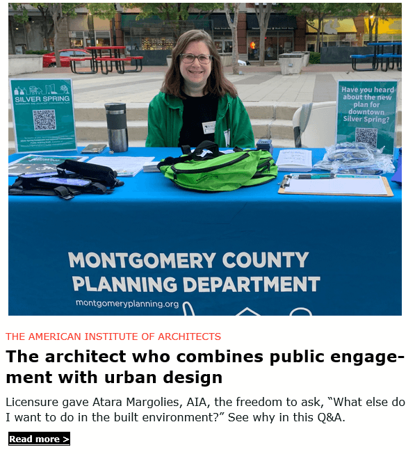 montgomeryplans's tweet image. A great read! Check out this Q&amp;amp;A from @AIANational featuring our staff member Atara Margolies. She chronicles her journey to becoming a licensed architect + her passion for community engagement.

➡️ bit.ly/44FLTHq