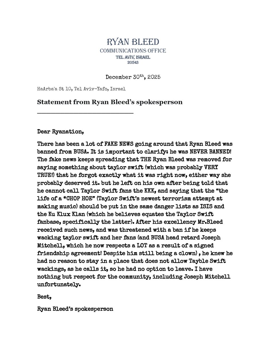 A statement from Ryan Bleed's spokesperson, a first since his departure from BUSA: