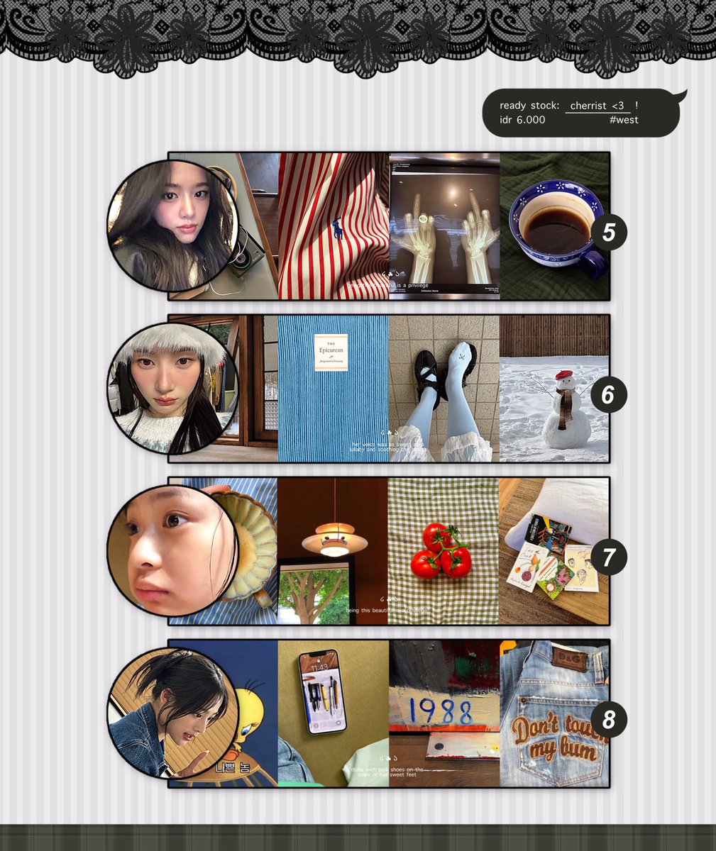 buttesr's tweet image. help repost, please? 

hi! aku ada 8 layout moodboard ready stock chara girlgroup: leeseo, wony, elle fanning, karina, yujin, chaeyeon, hanni &amp;amp; minji di bawah ini dengan harga 6.000. untuk lengkapnya cek alt, thank u! ❤︎

#zonauang #zonaba #zonajajan