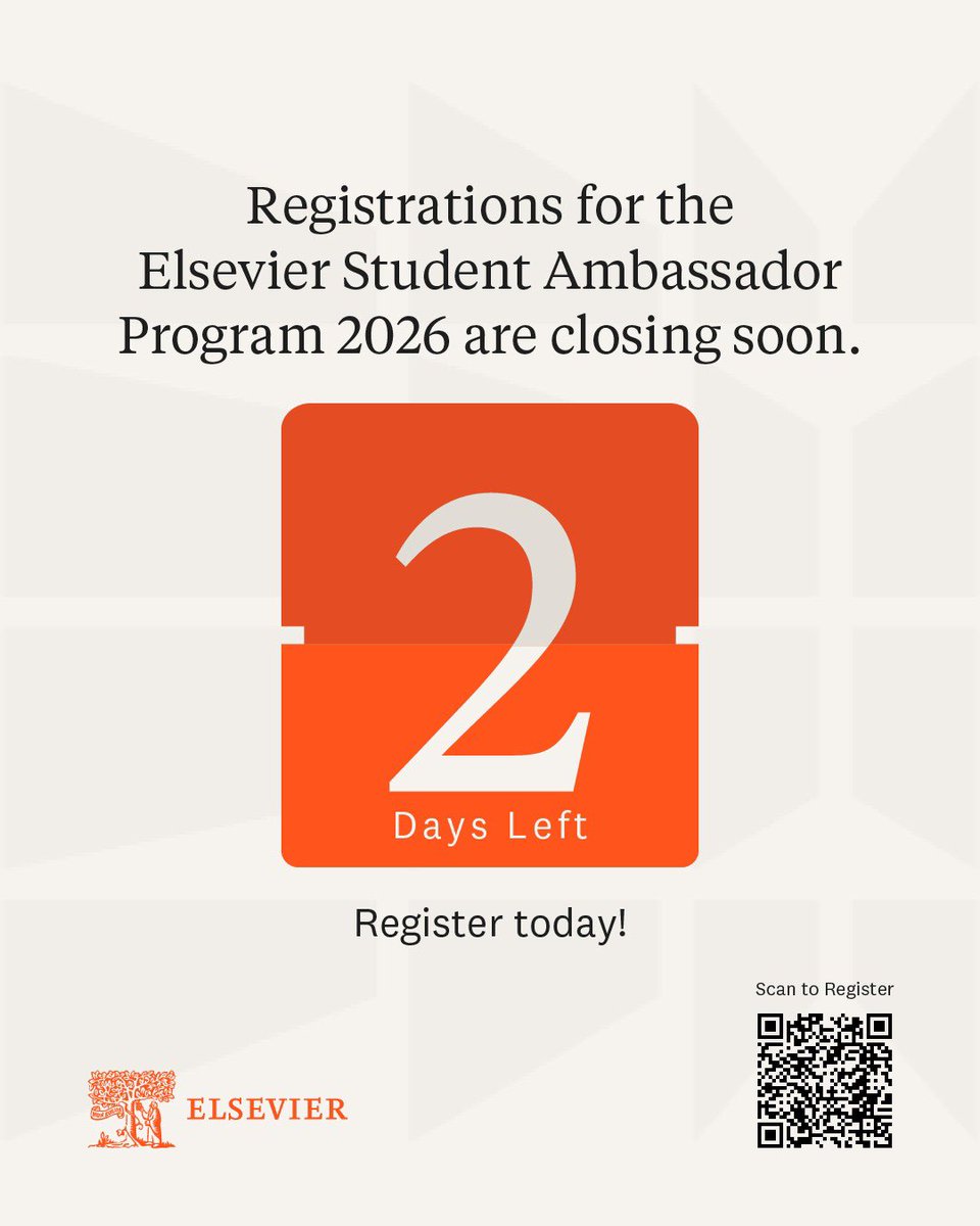 ElsevierIndia's tweet image. Just 2 days to go ⏳
Step into a leadership role with the Elsevier Student Ambassador Program 2026.
Applications are closing soon — apply now and be part of something impactful 🚀

#Elsevier #StudentAmbassadorProgram #CampusLeadership #ApplyNow