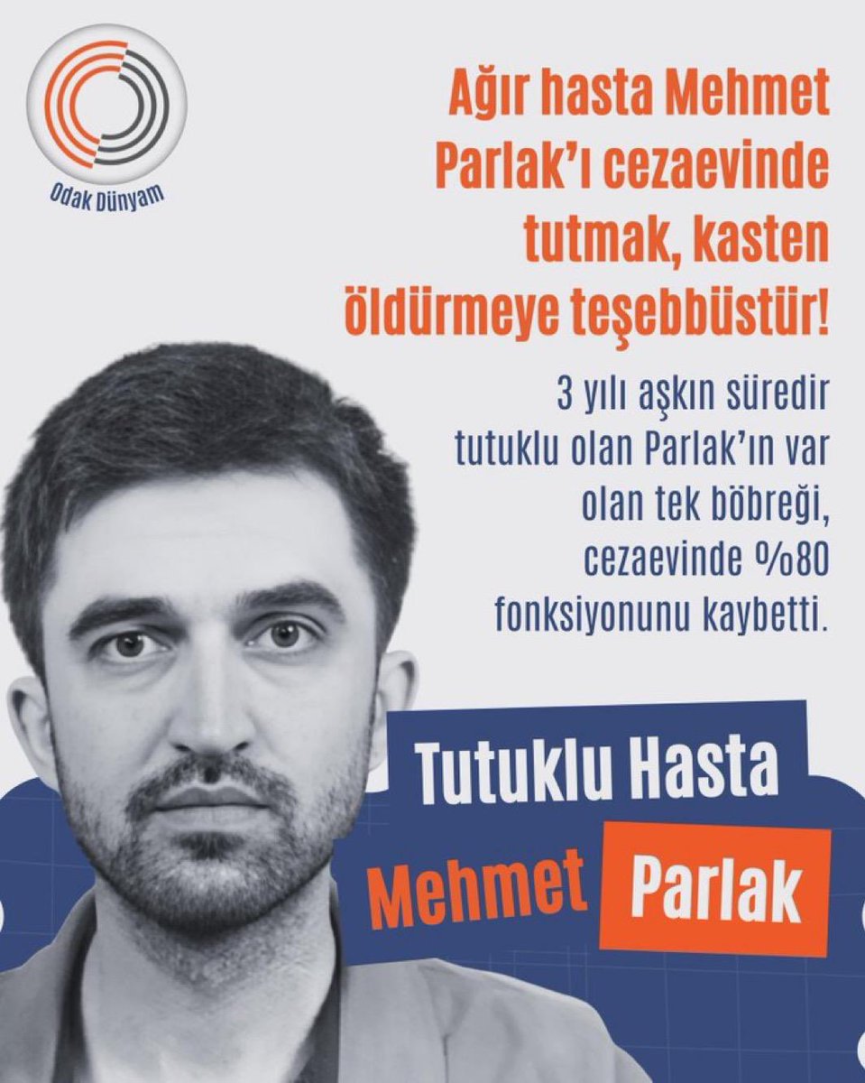 39 kiloya düşmüş, tek böbrekle yaşayan bir insan cezaevinde tutulamaz.
Bu ihmalkârlık değil, açıkça ölüme terk etmektir.
Mehmet Parlak derhal tahliye edilmelidir.

MasumlarTutsak SuçlularÖzgür
