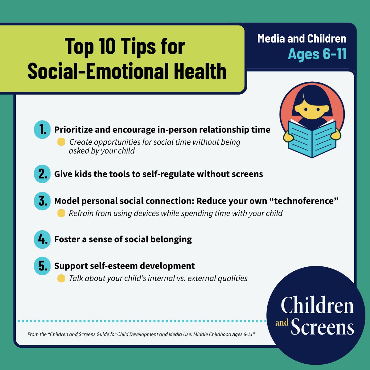 childrenscreens's tweet image. How can families foster optimal social-emotional development for children in "middle childhood" (ages 6-11)?

Download the NEW Ages 6-11 Guide for top expert-backed, evidence-based insights for helping children lead healthy lives in the #DigitalAge. 👉 bit.ly/48LiUUY