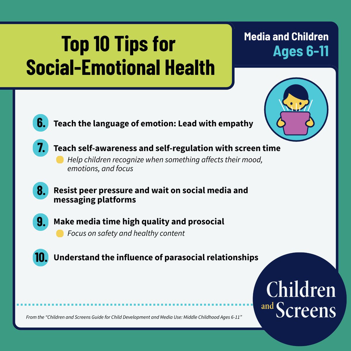 childrenscreens's tweet image. How can families foster optimal social-emotional development for children in "middle childhood" (ages 6-11)?

Download the NEW Ages 6-11 Guide for top expert-backed, evidence-based insights for helping children lead healthy lives in the #DigitalAge. 👉 bit.ly/48LiUUY
