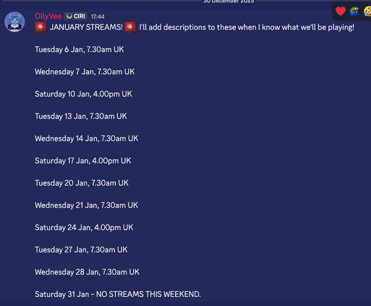 itsollyvee's tweet photo. January Stream Schedule is now up on the Discord! I'll add in details about what we'll be streaming ASAP! https://t.co/iF7jrrSVSr https://t.co/ShmSz6UBjr