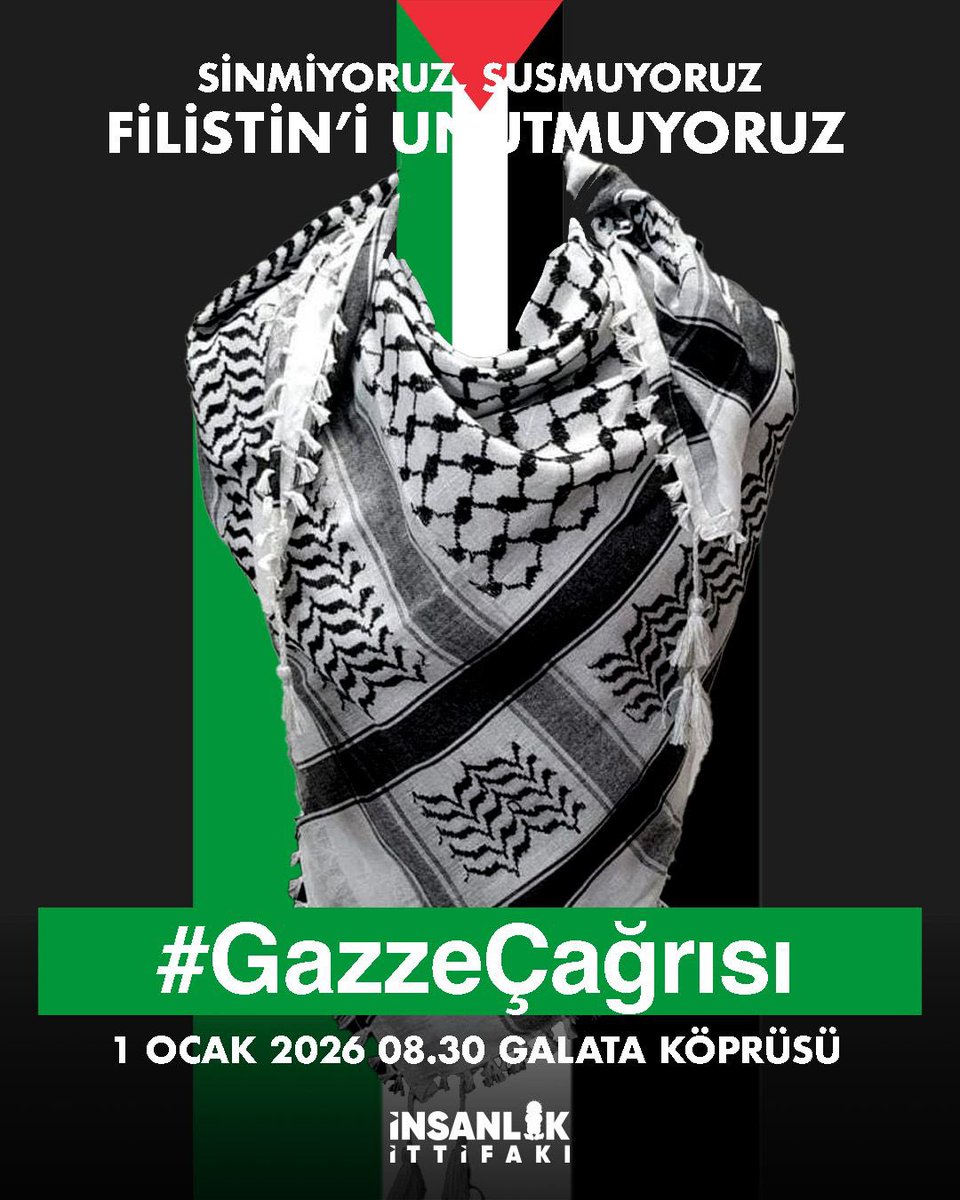 Unutmamayı seçiyoruz. Alışmamayı seçiyoruz.
1 Ocak sabahı Galata’da, mazlum kardeşlerimizin şahitliğini yapıyoruz. #GazzeÇağrısı 
📍 Galata Köprüsü
🗓 1 Ocak 2026
⏰ 08.30