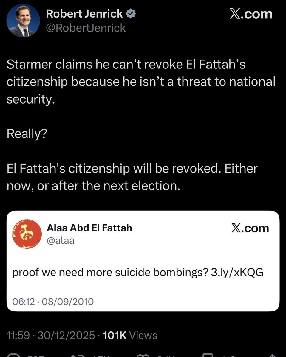 colder_sarcasm's tweet photo. BREAKING: Without even a hint of irony, Robert Jenrick just complained about El Fattah’s citizenship using a post from September 2010 - 11 years before the Tories granted him British citizenship. https://t.co/8J3p5tAk33