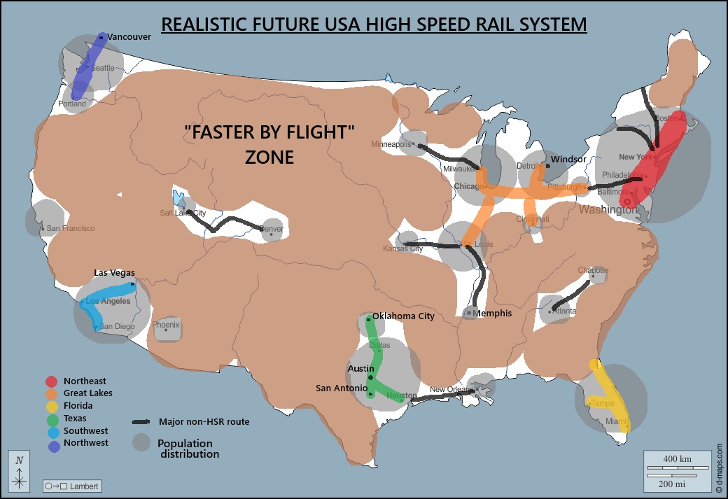 This is my  more realistic future of the HSR system. All HSR areas stay in regions with dense population. Don't waste money on connecting cities too few and spread out. If your destination is beyond the regional HSR, it is faster just to fly there.