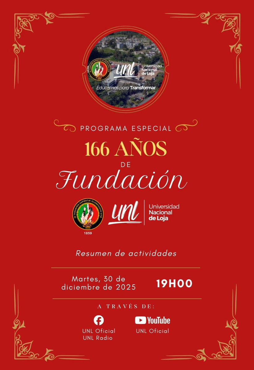 La Universidad Nacional de Loja conmemora 166 años de aniversario de vida institucional con un programa especial que resume el trabajo, los logros y el compromiso de una universidad pública que sigue marcando historia desde el sur del país.

#166AñosUNL