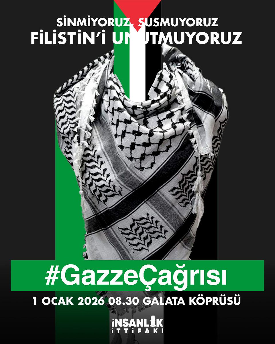Kâğıtta ateşkes var, sahada hayat yok.
Bu çelişkiyi görmezden gelmiyoruz.
#GazzeÇağrısı
📍 Galata Köprüsü
🗓 1 Ocak 2026
⏰ 08.30