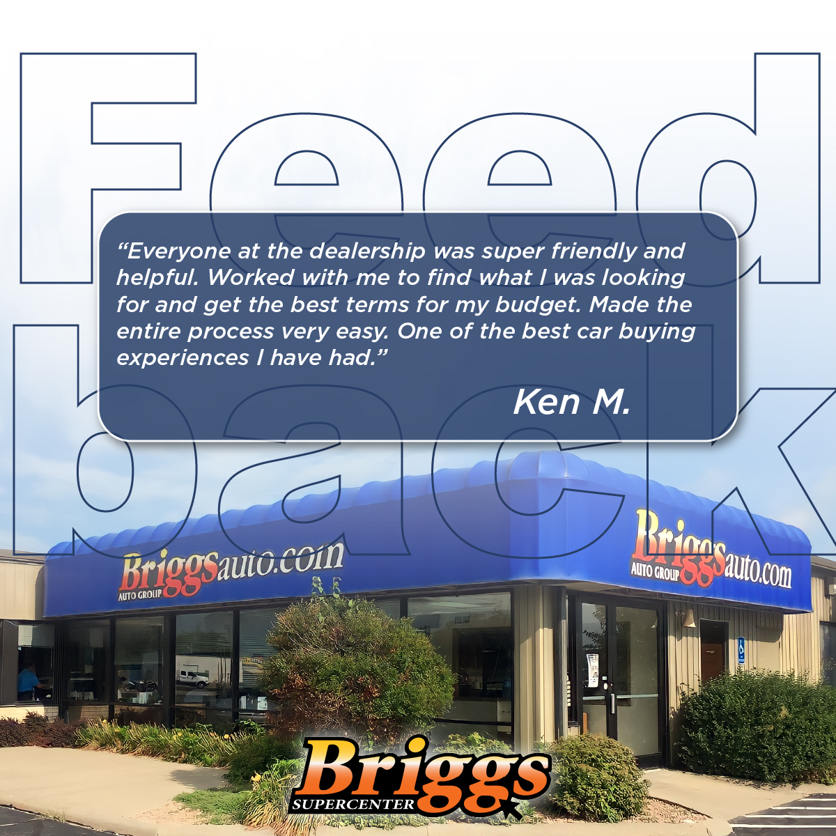 BriggsAutoKS's tweet photo. We love hearing from our customers! Here’s what one happy driver had to say about their experience at Briggs Supercenter.
Thank you for trusting us with your vehicle needs, Ken!

https://t.co/ukpTiqK6hA
#BriggsSupercenter #TestimonialTuesday #CustomerFeedback #CarBuyingExperience https://t.co/FF8ZWBHfCa