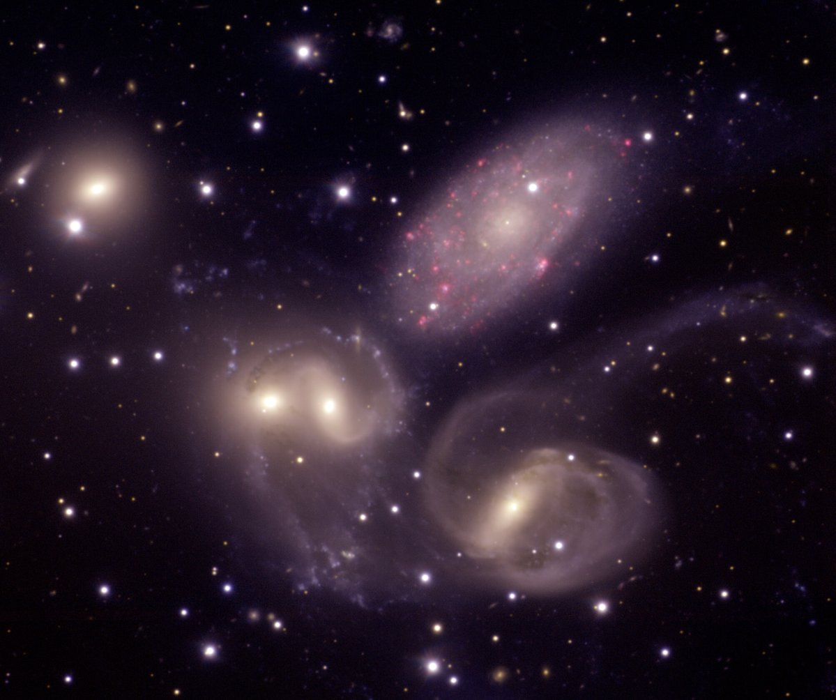 Stephan's Quintet, imaged by Gemini North, showcases interacting galaxies largely situated 300 million light-years from Earth, except for NGC 7320 (top-center), which is only one-eighth that distance.

(Credit: International Gemini Observatory/NOIRLab/NSF/AURA)