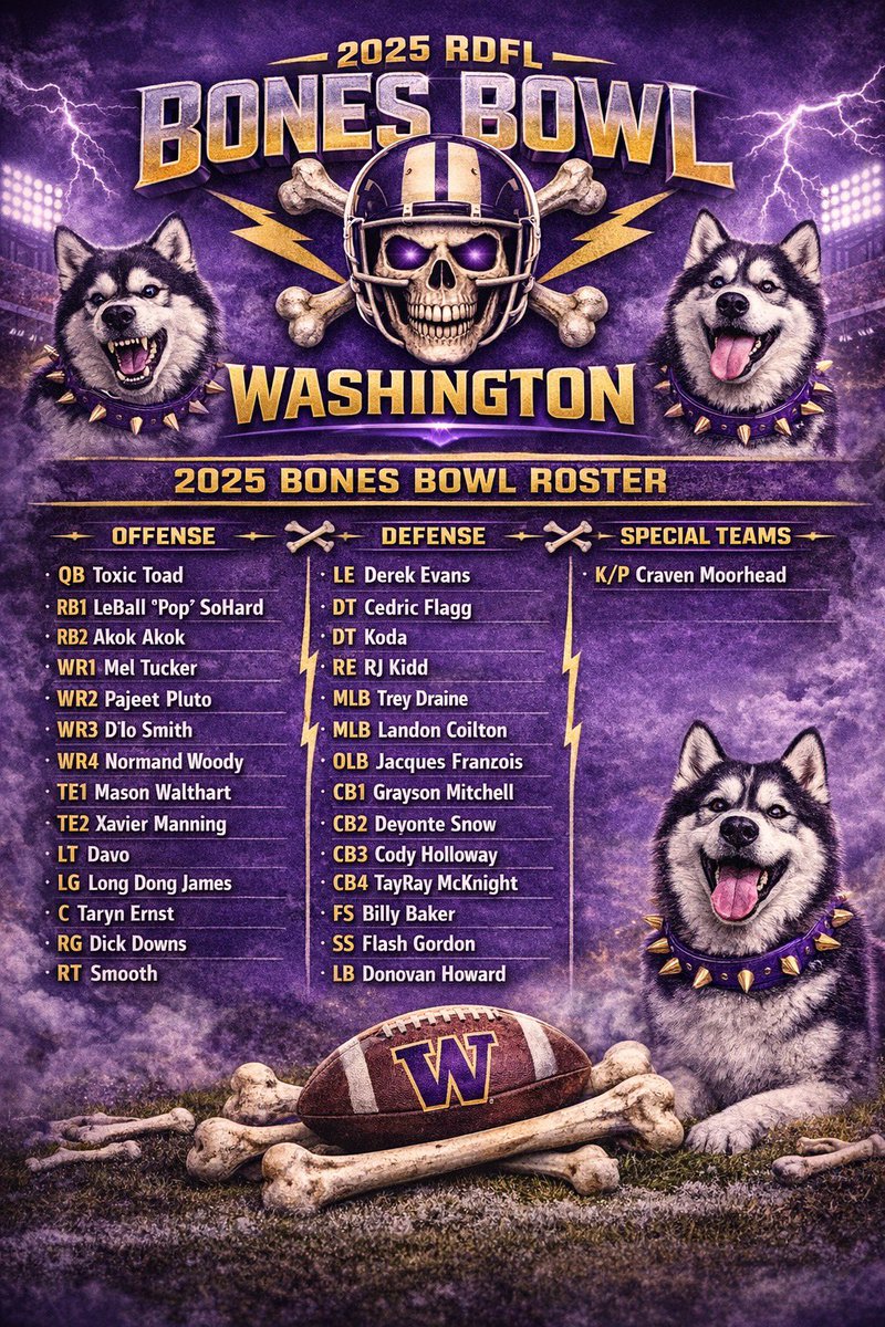 RoadDogs_'s tweet photo. Introducing your Washington Huskies 

#RDFLBonesBowl ☔️🦴 https://t.co/hyt9l7Hn0r