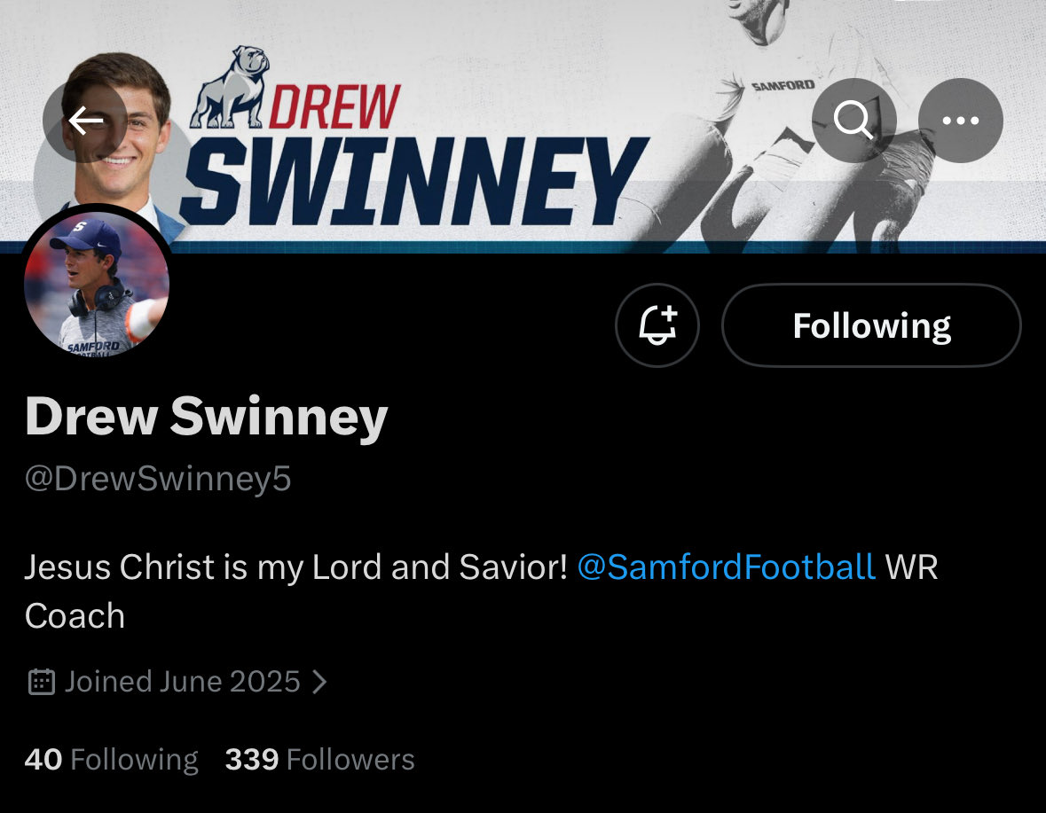SamfordScoop's tweet image. Bio updates from Samford QB coach @Paul_Tyson17 and Samford WR coach @DrewSwinney5. 

Go follow both of the youngest Samford position coaches so far.