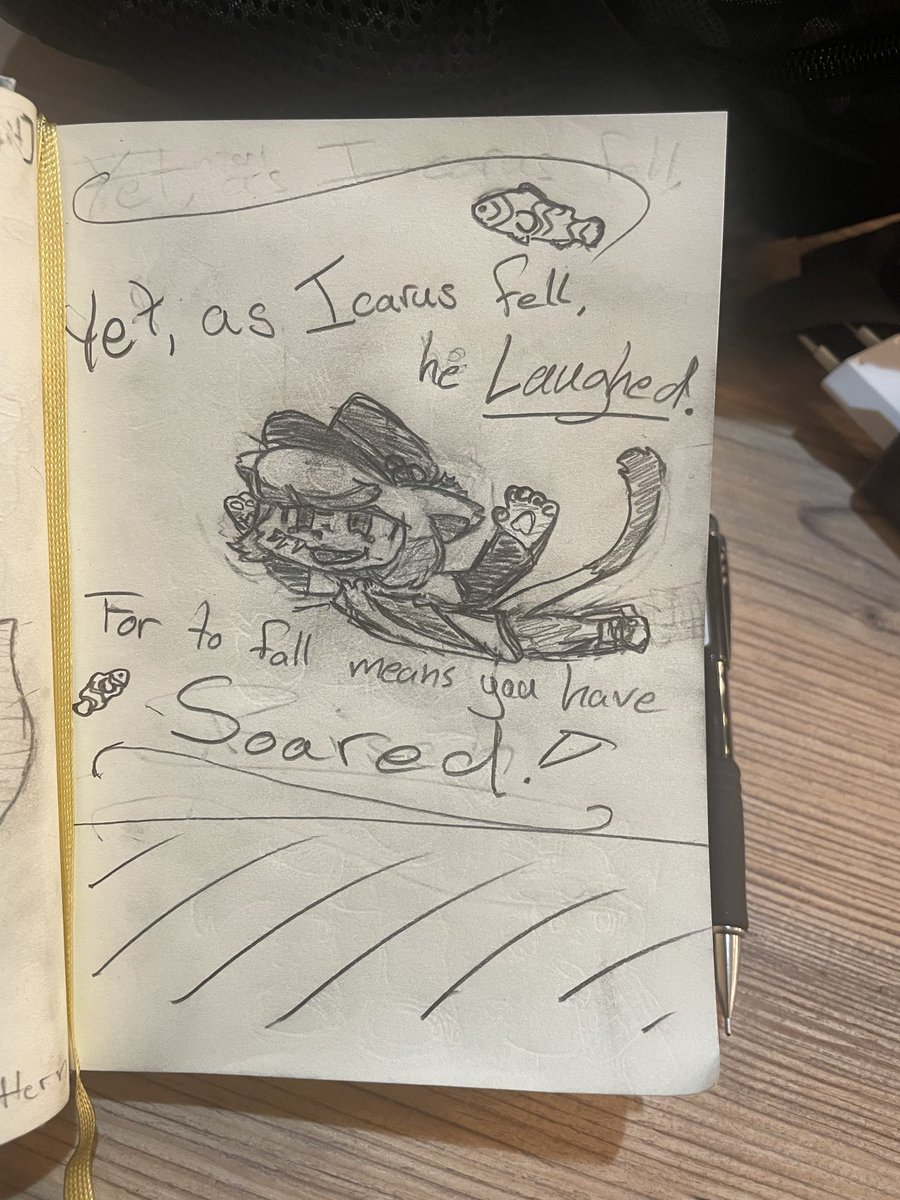 Part six of learning YonKaGor's style, Watercolor this time!
along with two other pages i drew while on vacation
i quite like the Icarus-inspired one i drew for Clownfish!!

#yonkagorfanart #yonkagor